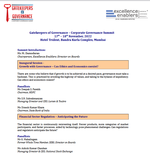 Gatekeepers of Governance – Corporate Governance Summit 17th – 18th November, 2022 Hotel Trident, Bandra Kurla Complex, Mumbai